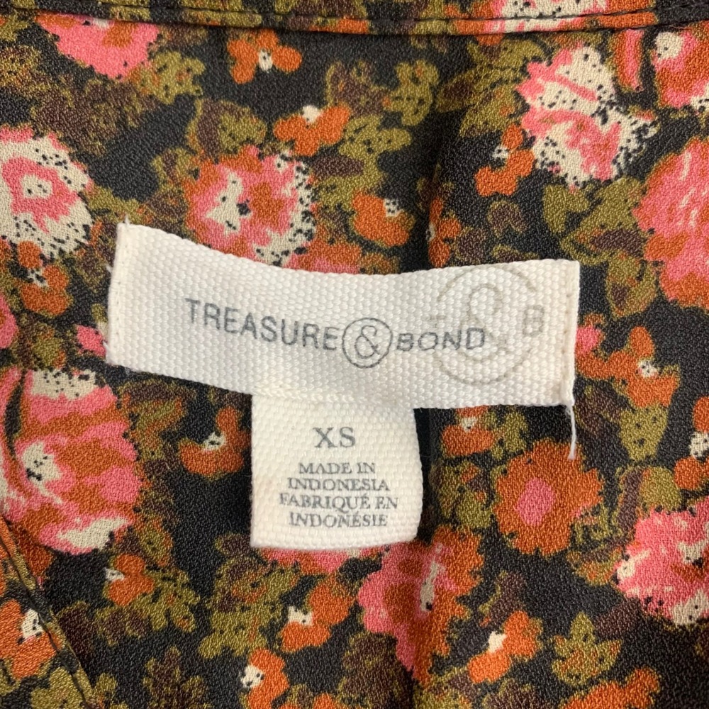 Treasure & Bond Womens XS Floral‎ V-Neck Long Sleeve Blouse Brown Pink Boho Top - Picture 5 of 7